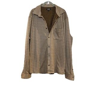 Express Men's Brown Tan Button Down Houndstooth Sweater Shirt Stretch Retro XL